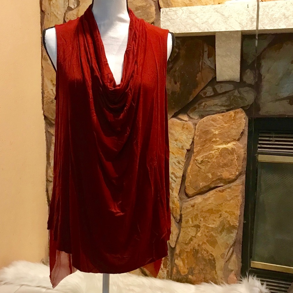 Maroon cowl neckline with shark bite back